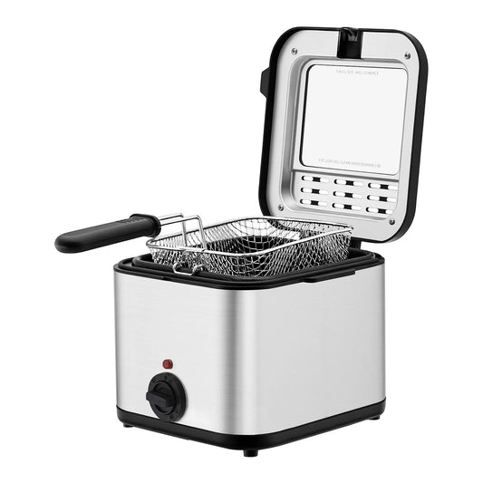 Home Electric Deep Fryer Stainless Steel Countertop Deep Frying Machine 1000W Fast Heat 2.64QT Adjustable Temp 176-374℉ Triple Cool Touch Insulation Visible Vent Lid Detachable Anti-Scald Basket Anti-Slip Mat For French Fri