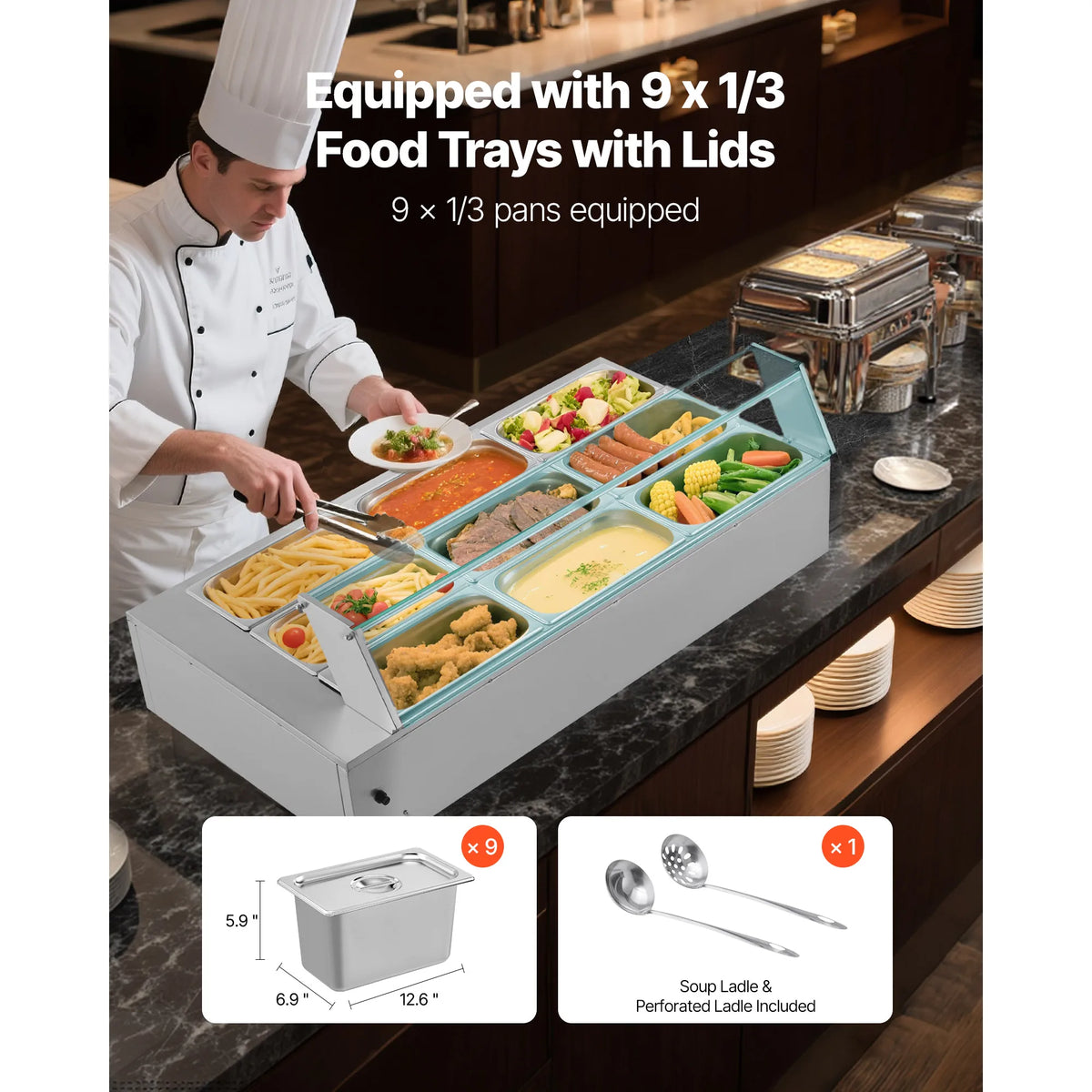 SucceBuy Commercial Food Warmer Electric Stainless Steel Steam Food Warmer Countertop Buffet Bain Marie with Soup for Catering