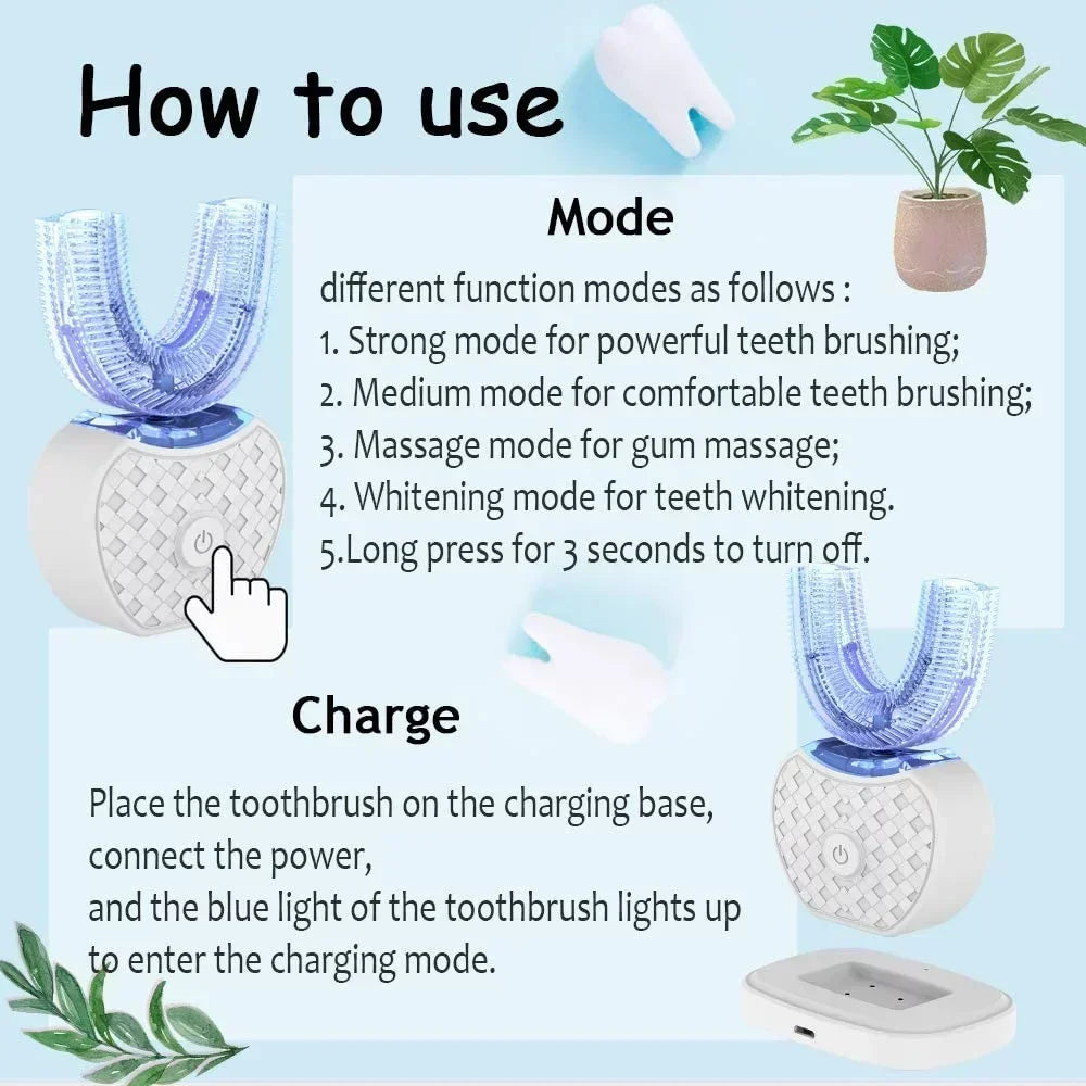 Ultrasonic Electric Toothbrush Adult, Automatic U-Shape Full Mouth 360° Clean Teeth Whitening IPX7 Waterproof