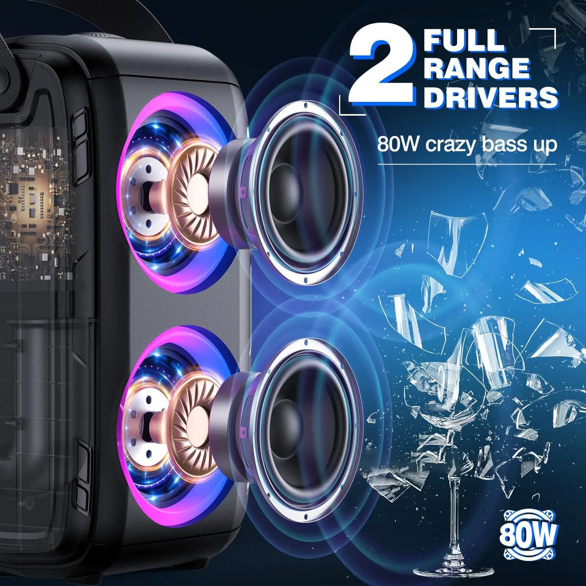 W-KING T9-2 80W RMS Party Portable Speakers Bluetooth Wireless Boombox with 2 Drivers (2*4.04'' Woofer), Huge 105dB Sound Large Party Box