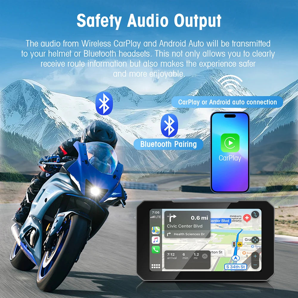 5 Inch Motorcycle Portable GPS Portable 5 inch Motorcycle GPS Navigation Wireless Carplay Android Auto IPX7 Waterproof LCD Display Moto Monitor Dual BT5.0 Multimedia Player