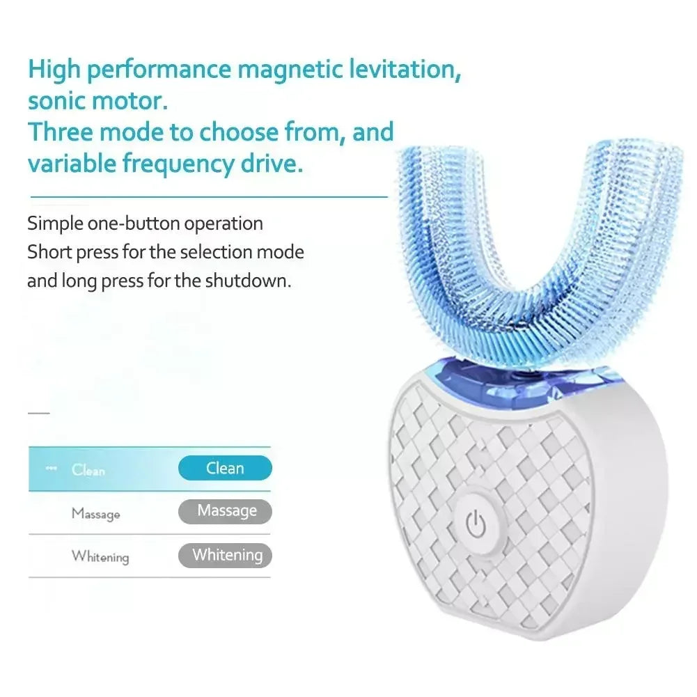 Ultrasonic Electric Toothbrush Adult, Automatic U-Shape Full Mouth 360° Clean Teeth Whitening IPX7 Waterproof