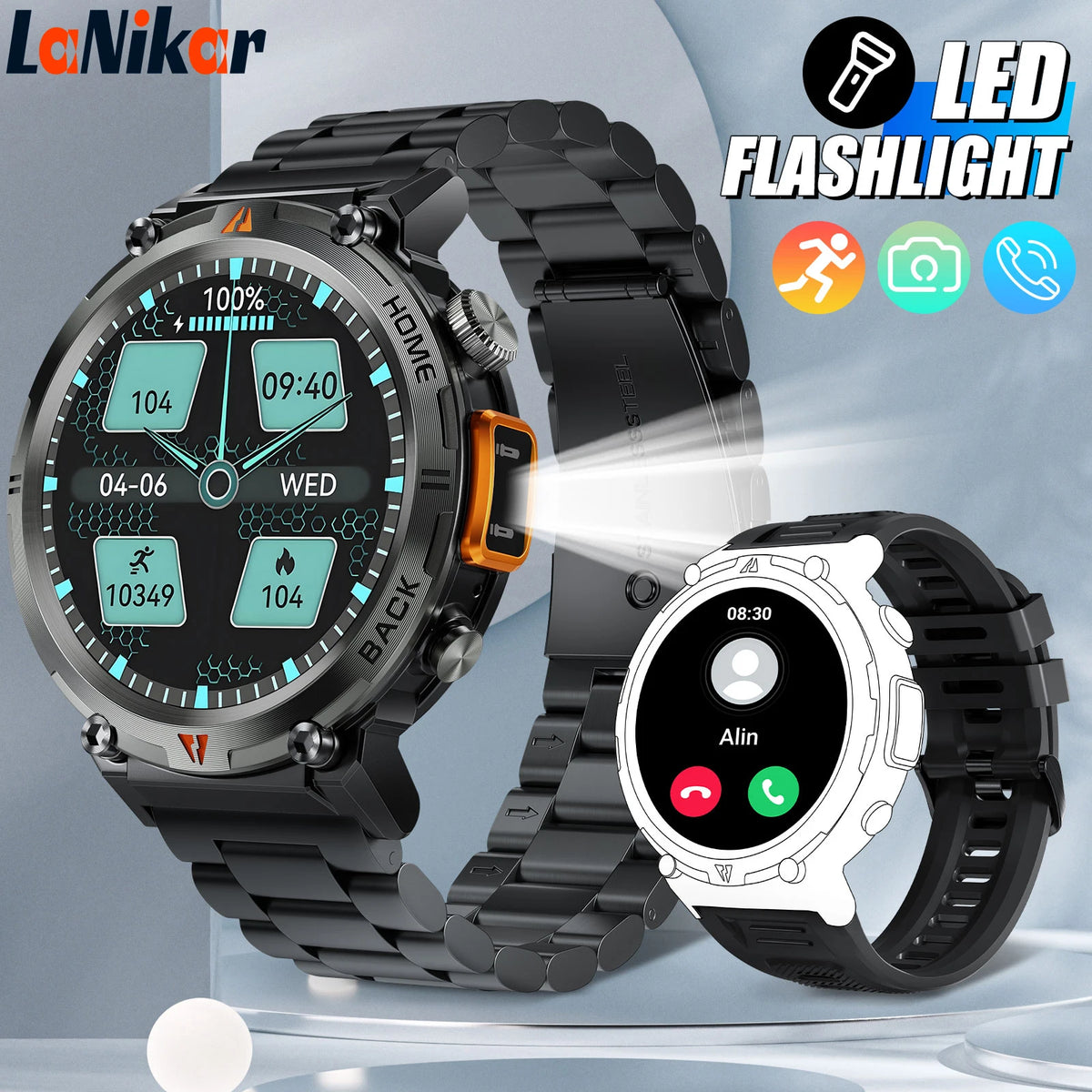 LaNikar 2025 KE3 Bluetooth Call Smart Watch Men Full Touch Screen Health Monitor With  steel ring Men SmartWatch For IOS Android