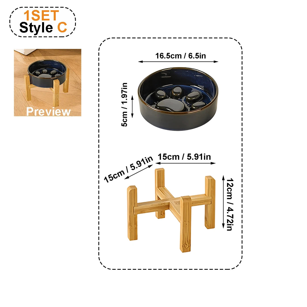 Kiln-Glaze Slow Feeder Pet Bowl with Elevated Wooden Stand, Anti-Tip Cat Dog Food Water Dish, Neck-Friendly Feeder