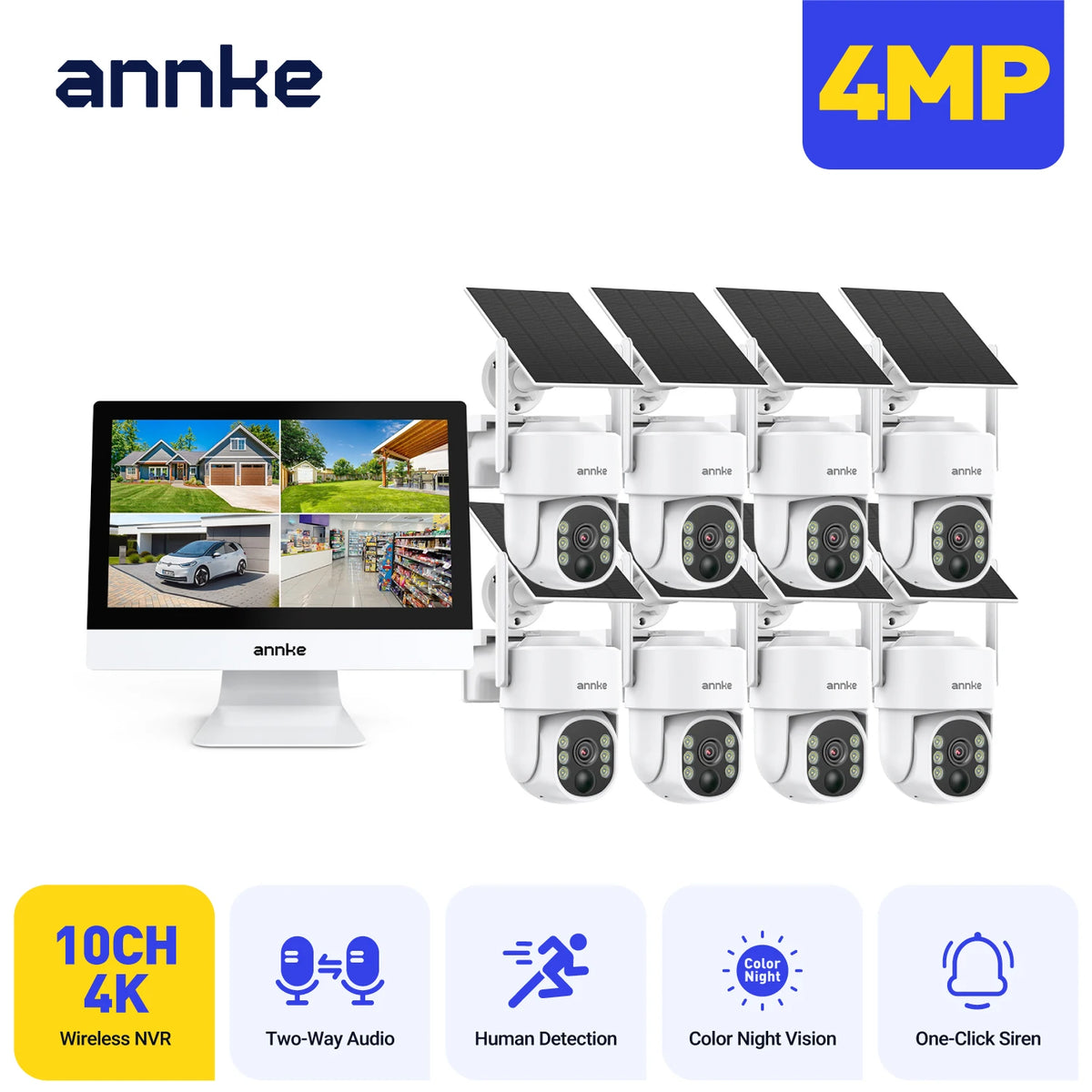 Annke 4MP Solar Security Cameras 10CH NVR 2.4G 5.8G 5MP PTZ WiFi Security Cameras PIR Color Night Vision Camera Security WiFi