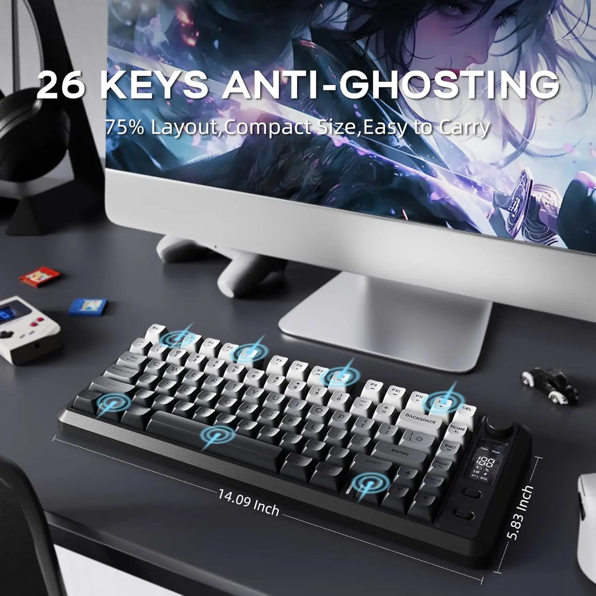 ATTACK SHARK M75 Wireless Membrane Gaming Keyboard with Knob&OLED Display Bluetooth/2.4Ghz Rainbow Backlit Gradient PBT Keycaps