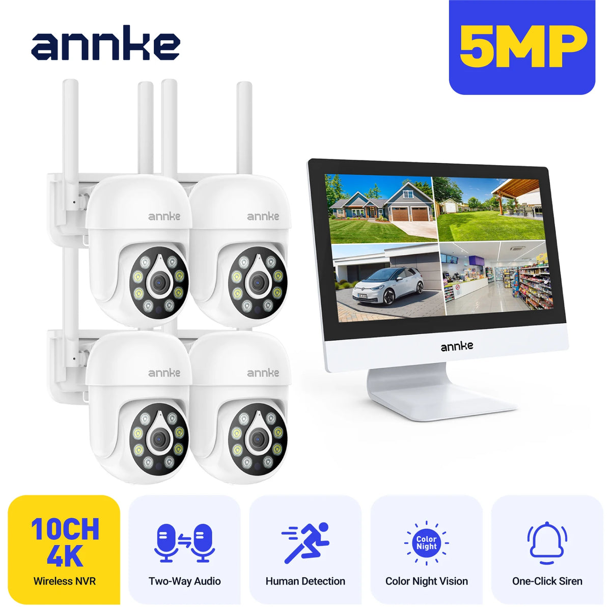 Annke 4MP Solar Security Cameras 10CH NVR 2.4G 5.8G 5MP PTZ WiFi Security Cameras PIR Color Night Vision Camera Security WiFi