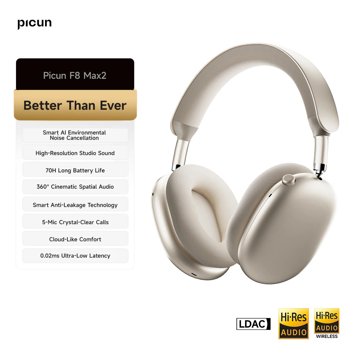 Picun F8 Pro ANC Wireless Headphones Head Tracking 3D Spatial Audio -52dB ANC HIFI Bluetooth Headset ENC HD Mic Low-Latency APP