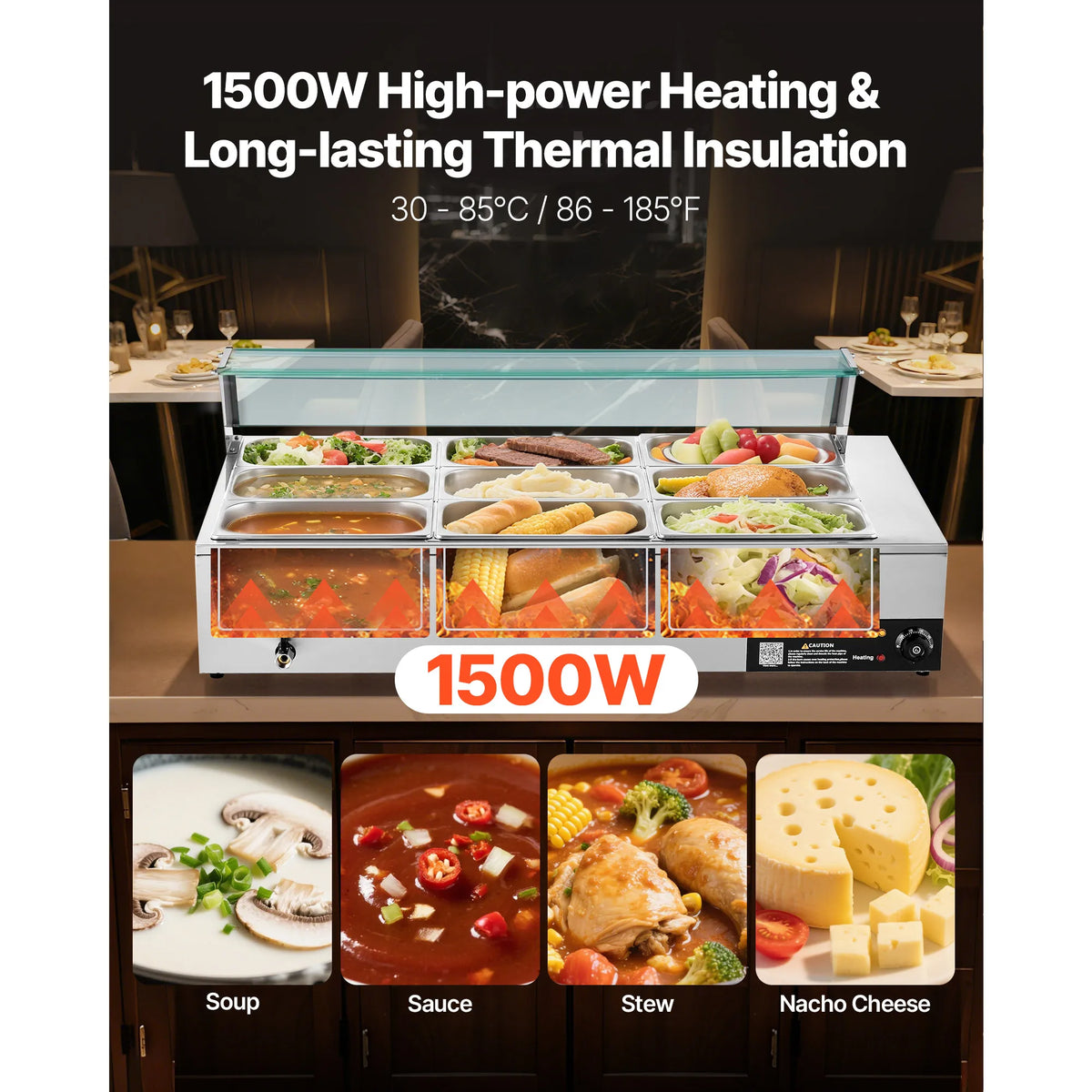 SucceBuy Commercial Food Warmer Electric Stainless Steel Steam Food Warmer Countertop Buffet Bain Marie with Soup for Catering