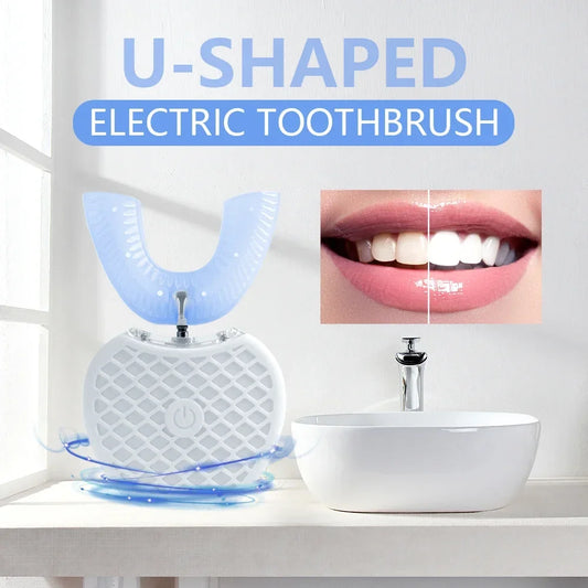 Ultrasonic Electric Toothbrush Adult, Automatic U-Shape Full Mouth 360° Clean Teeth Whitening IPX7 Waterproof