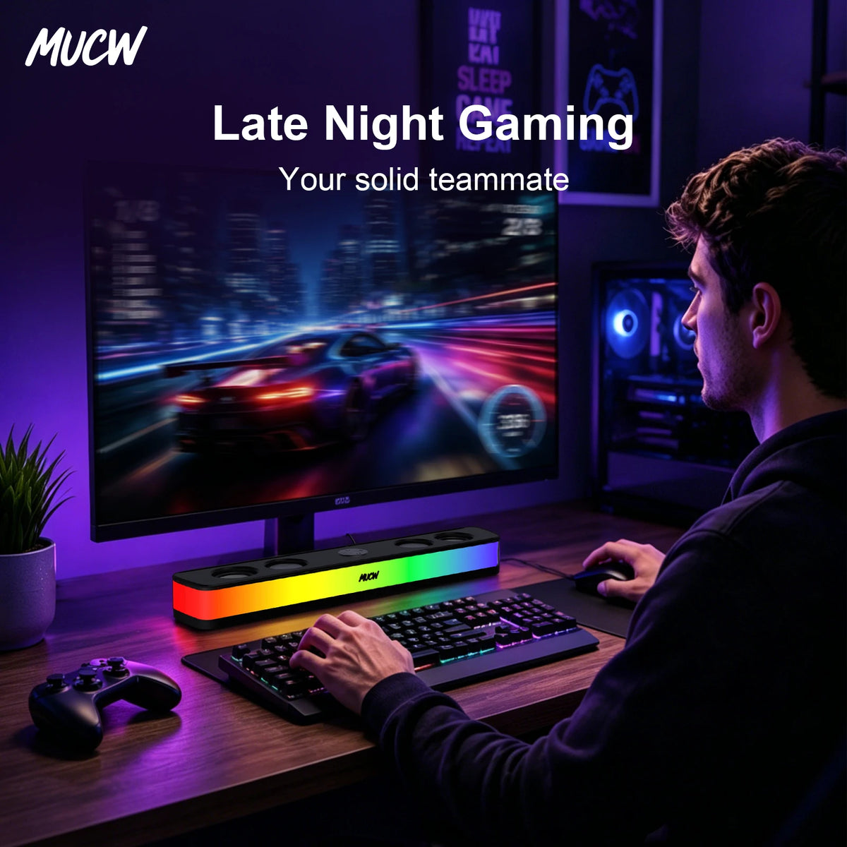 MUCW MU‑C17 Desktop RGB Sound Bar Speaker Bluetooth 5.4 & USB Wired Dual Mode 6W Stereo Gaming Soundbar with Colorful LED Light for Laptop PC Gamer Home Office