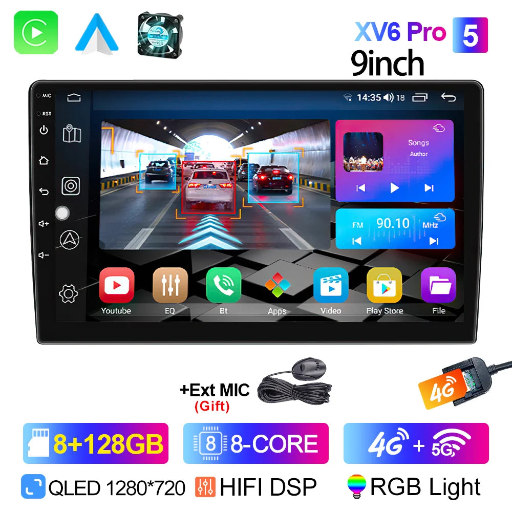Lehx 9" 2 Din Universa Android 15 Radio Carplay Android Auto Car Stereo Audio Gps Navi Bluetooth Fm Rds Wifi