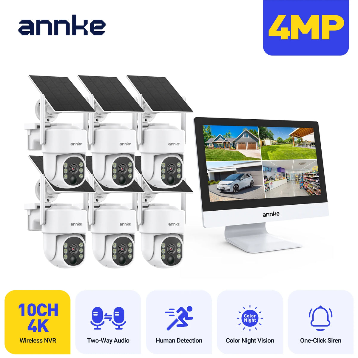 Annke 4MP Solar Security Cameras 10CH NVR 2.4G 5.8G 5MP PTZ WiFi Security Cameras PIR Color Night Vision Camera Security WiFi