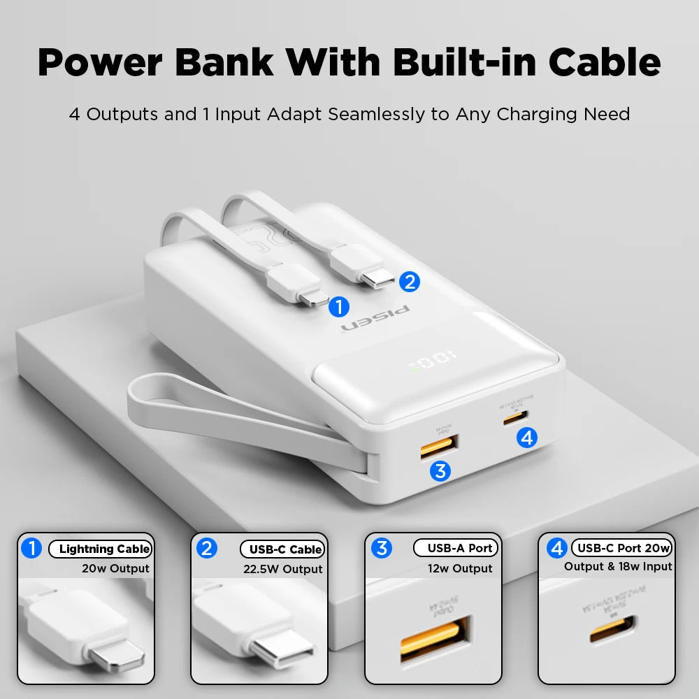 PISEN 22.5W Power Bank 20000mAh With Built-in Type C/L Cables Fast Charging Powerbank For iPhone Samsung