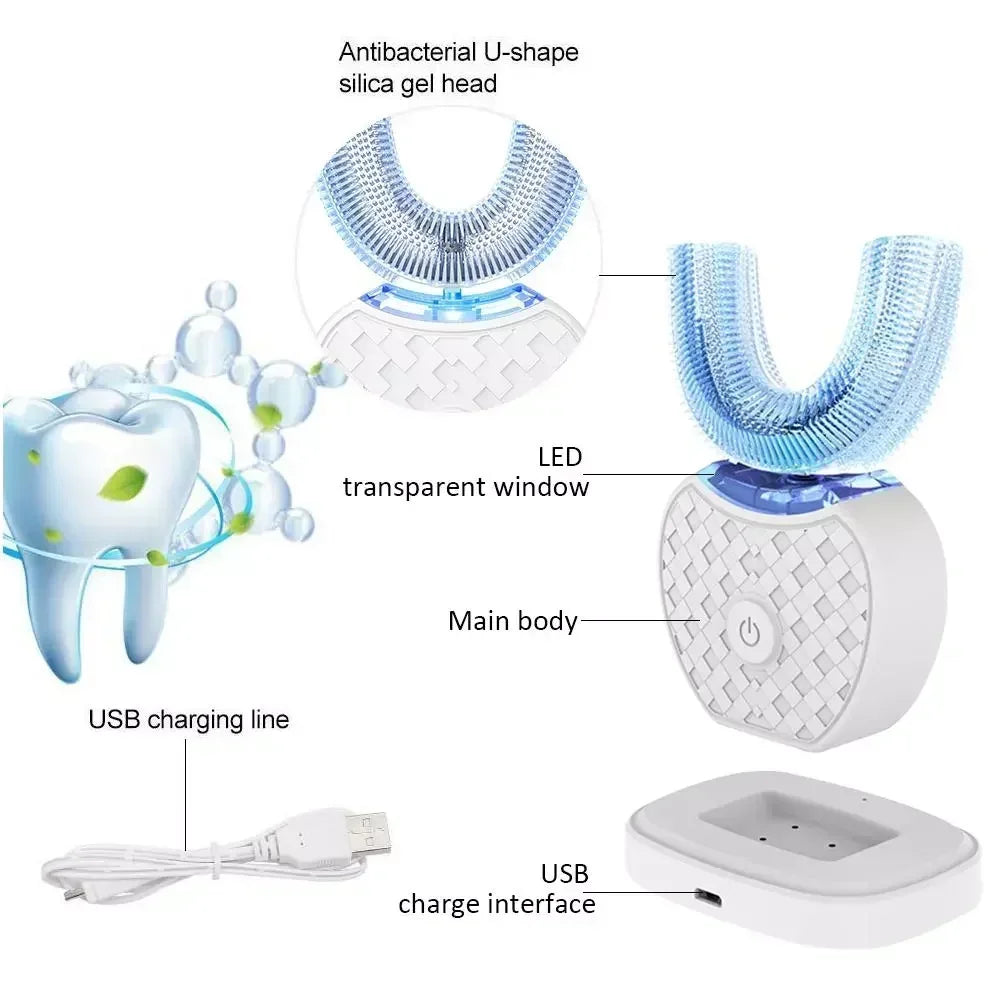 Ultrasonic Electric Toothbrush Adult, Automatic U-Shape Full Mouth 360° Clean Teeth Whitening IPX7 Waterproof