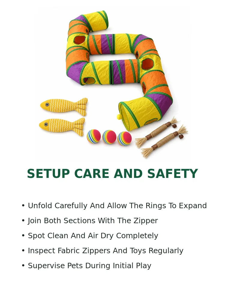 Zoe Extra Long Cat Tunnel Maze For Indoor Cats Double E Shaped Connectable Foldable Play Tunnel With Multiple Peek Holes Zipper Connection Two Hanging Pom Poms And Seven Interactive Toys For Kittens And Multi Cat Homes