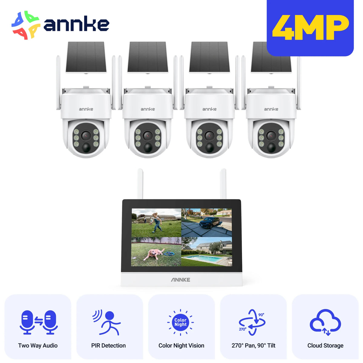 ANNKE Wireless Security Camera System 4MP Solar Powered Outdoor CCTV Kit NVR 7 Inch Touch Screen PTZ IP Camera Two-Way Audio PIR Human Detection Motion Alert Waterproof Home Surveillance