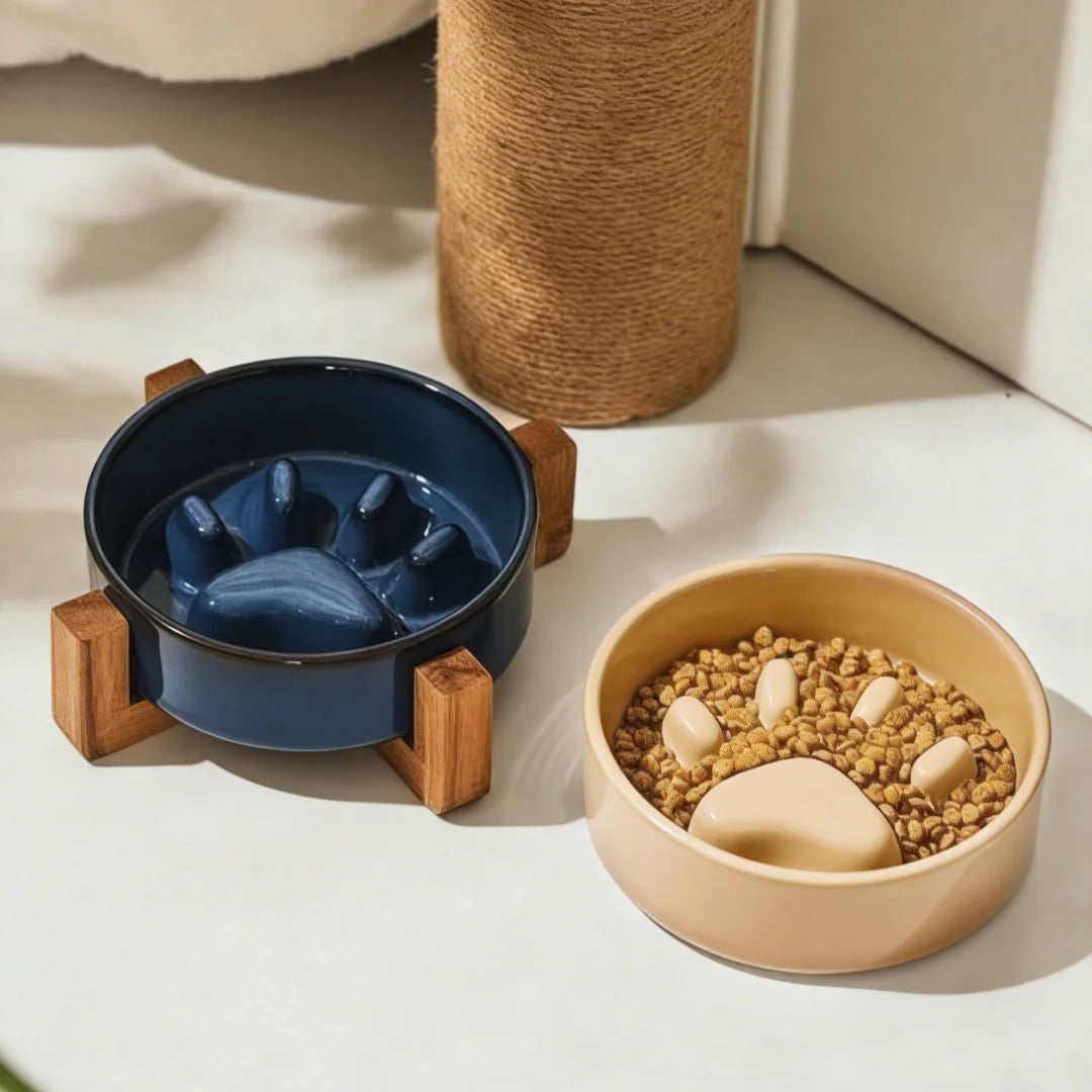 Kiln-Glaze Slow Feeder Pet Bowl with Elevated Wooden Stand, Anti-Tip Cat Dog Food Water Dish, Neck-Friendly Feeder