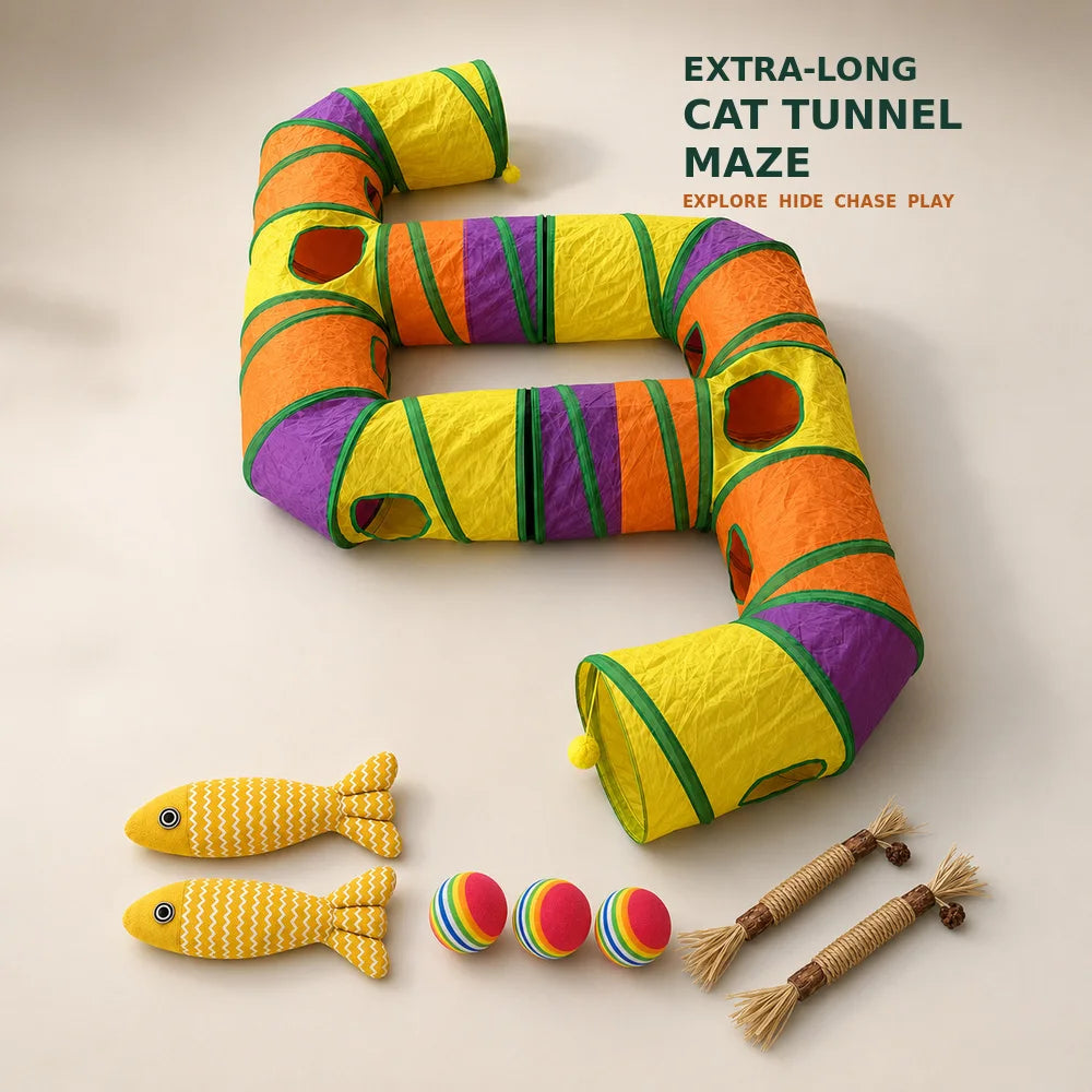 Zoe Extra Long Cat Tunnel Maze For Indoor Cats Double E Shaped Connectable Foldable Play Tunnel With Multiple Peek Holes Zipper Connection Two Hanging Pom Poms And Seven Interactive Toys For Kittens And Multi Cat Homes