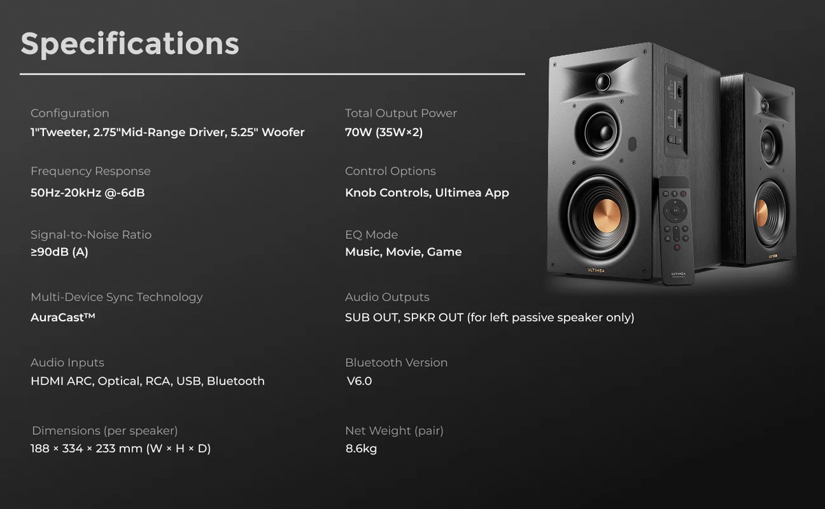 ULTIMEA 3-Way Bookshelf Speakers with 5.25'' Woofer, 70W RMS, App Control, Edge Horn Tech&BassMX for Home Theater, Record Player