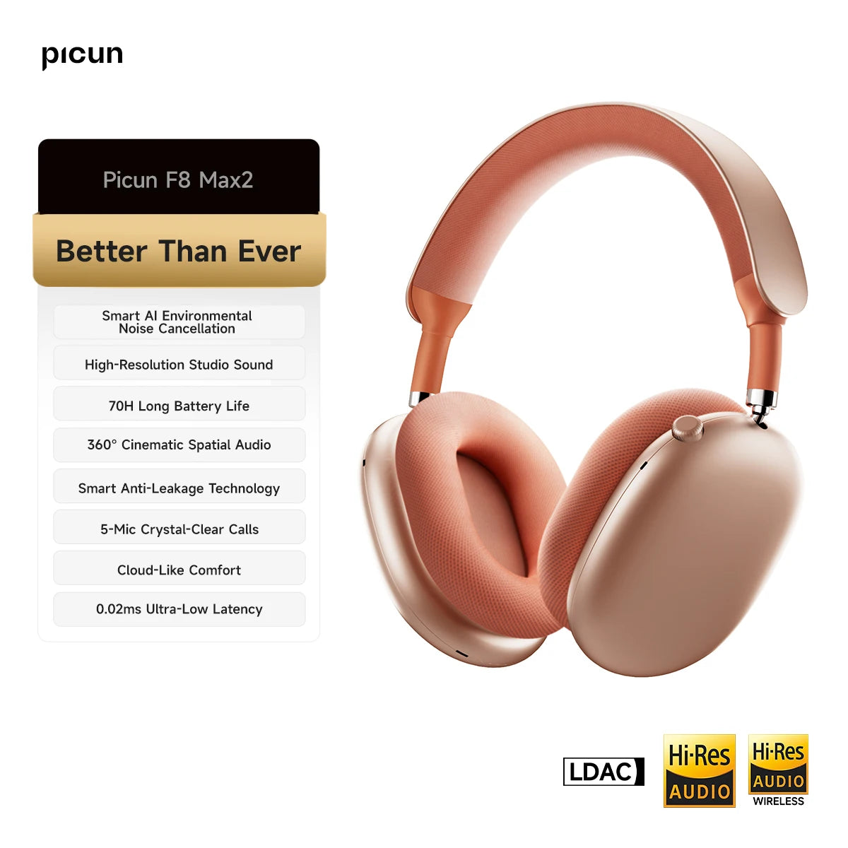 Picun F8 Pro ANC Wireless Headphones Head Tracking 3D Spatial Audio -52dB ANC HIFI Bluetooth Headset ENC HD Mic Low-Latency APP
